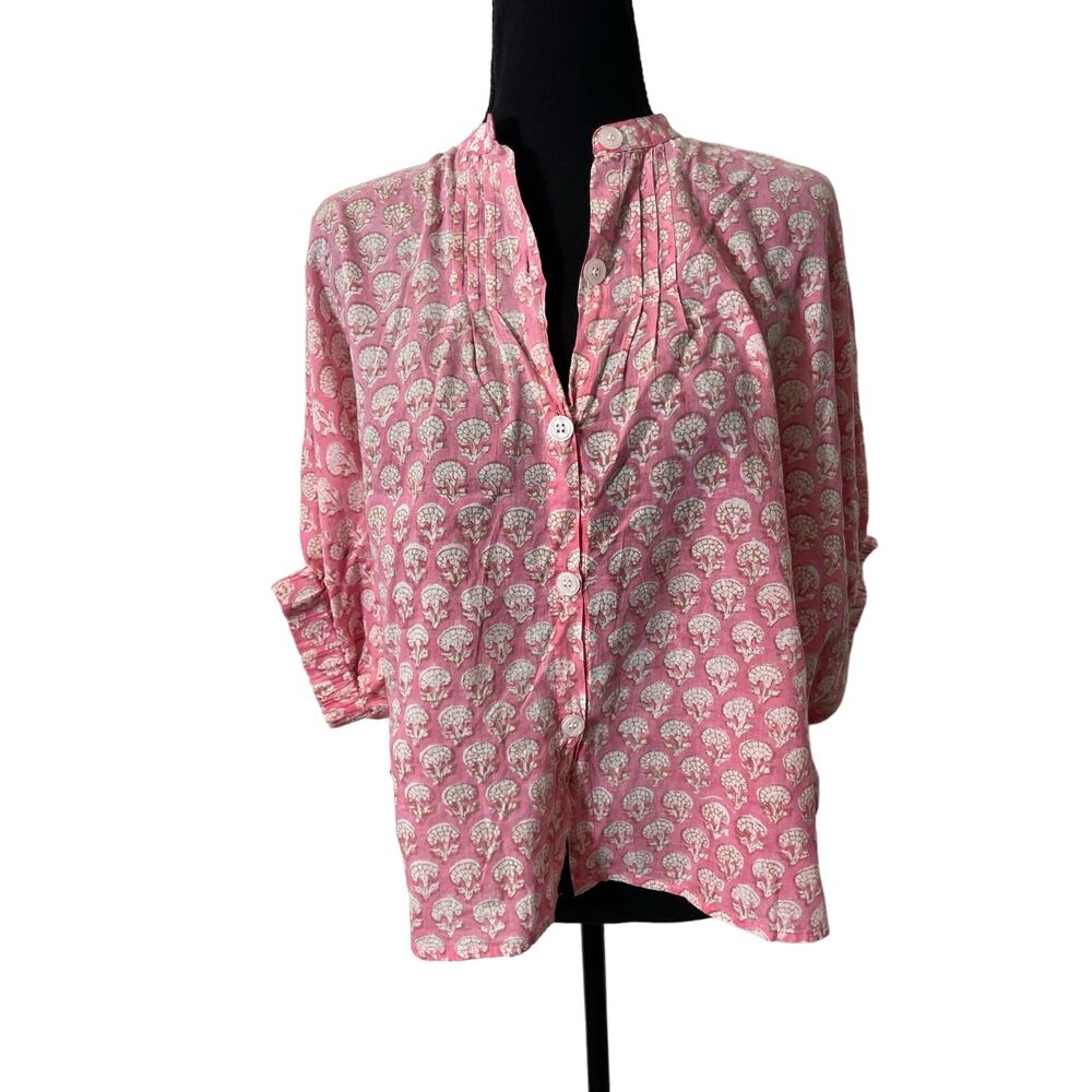 India Collection Emerson Fry Pink Pleated Oversized Organic Cotton Shirt Sz OS